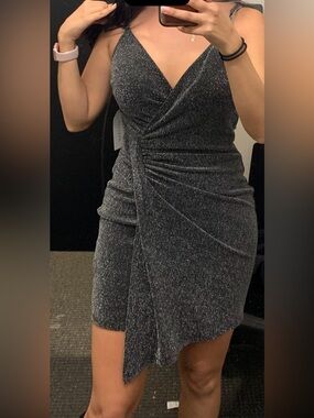 Sparkle V-Neck Black Mini Dress with Draped Ruched Skirt